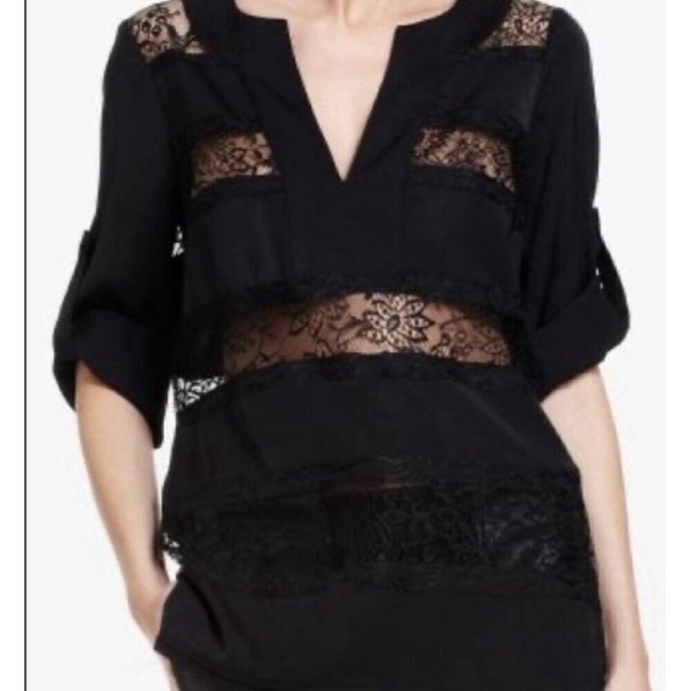 BCBGMAXAZRIA Top Womens Large Black Striped Lace Sheer Satin Witchy Whimsigoth
